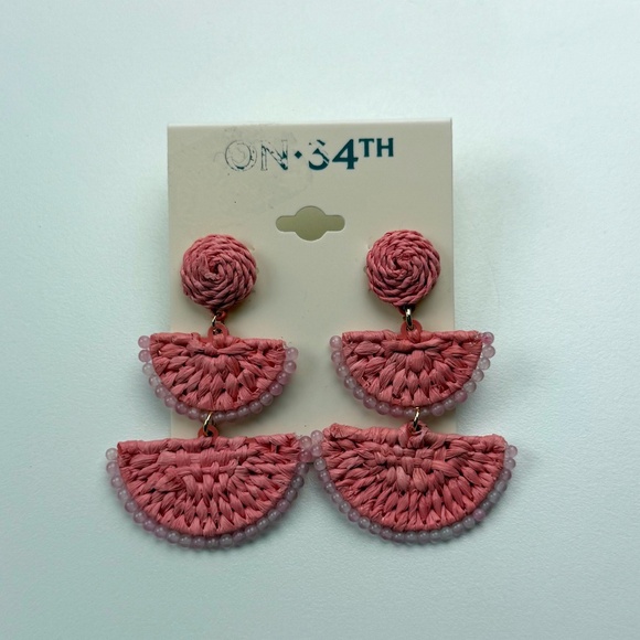 On 34th Gold Tone Stone Bead & Woven Raffia Drop Earrings Pink - Picture 2 of 3